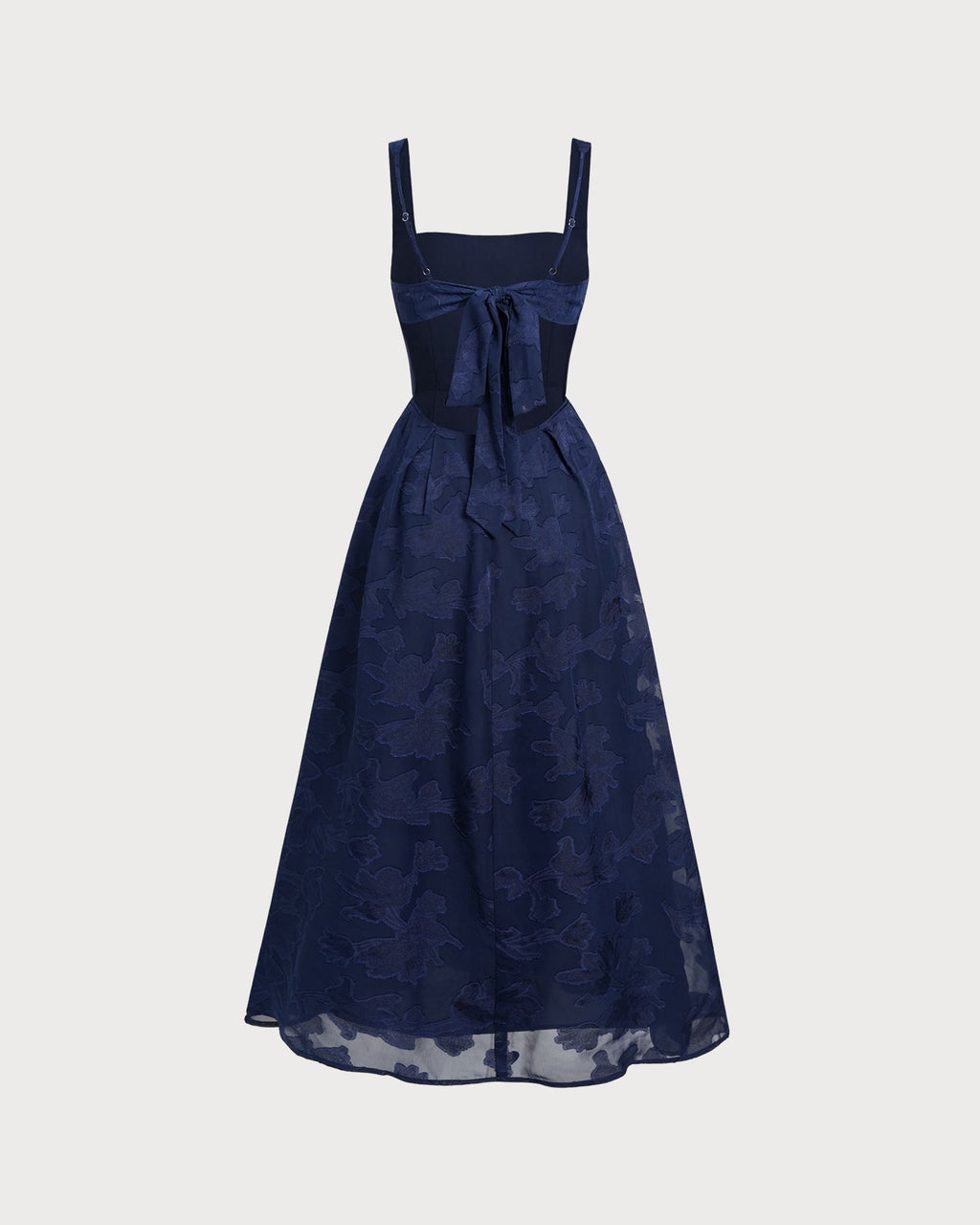 Floral Jacquard Slip Maxi Dress with Square Neck and Straps - Navy