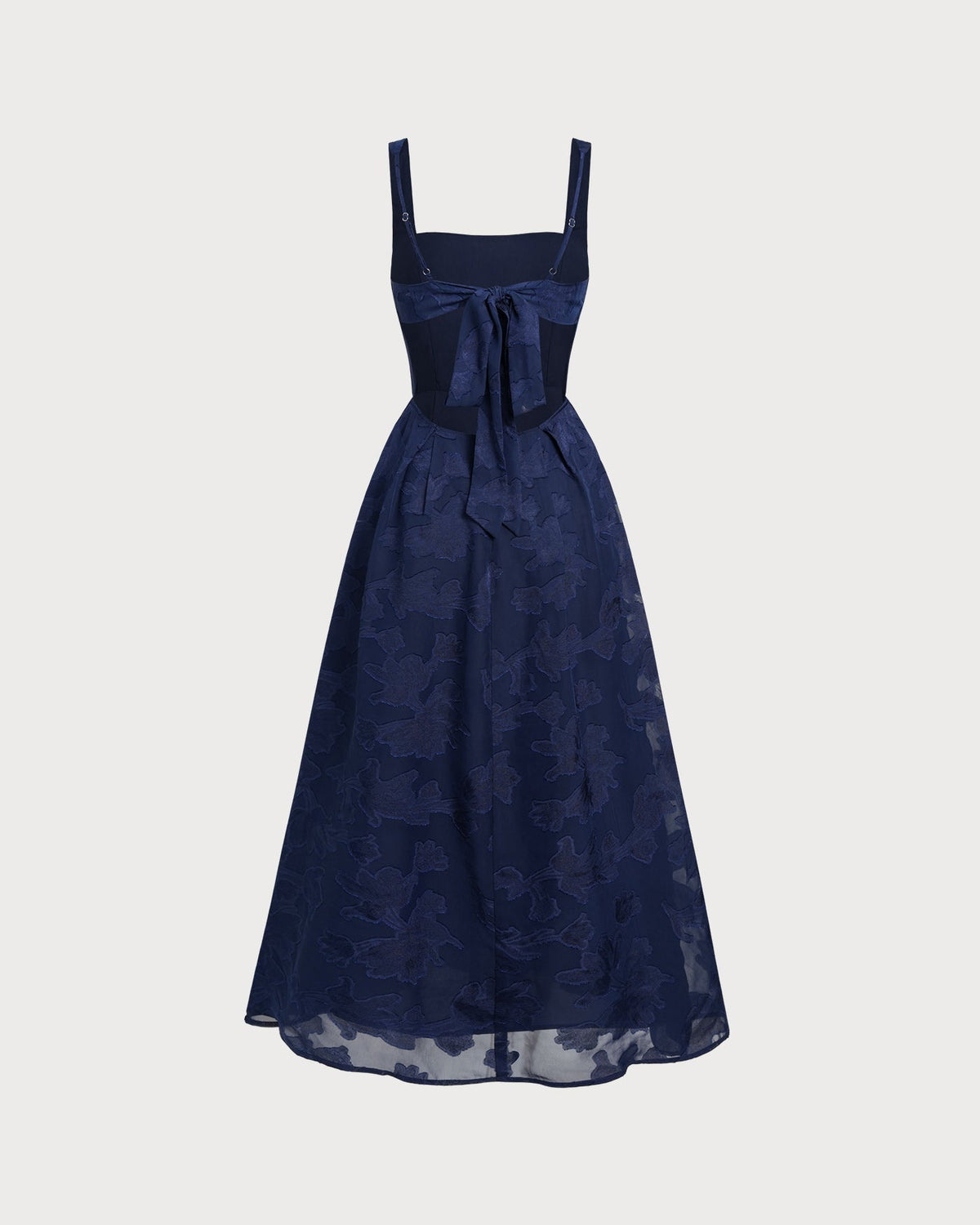 Floral Jacquard Slip Maxi Dress with Square Neck and Straps - Navy