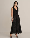 Floral Mesh Maxi Dress with V Neck and Ruffle Shoulders - Black