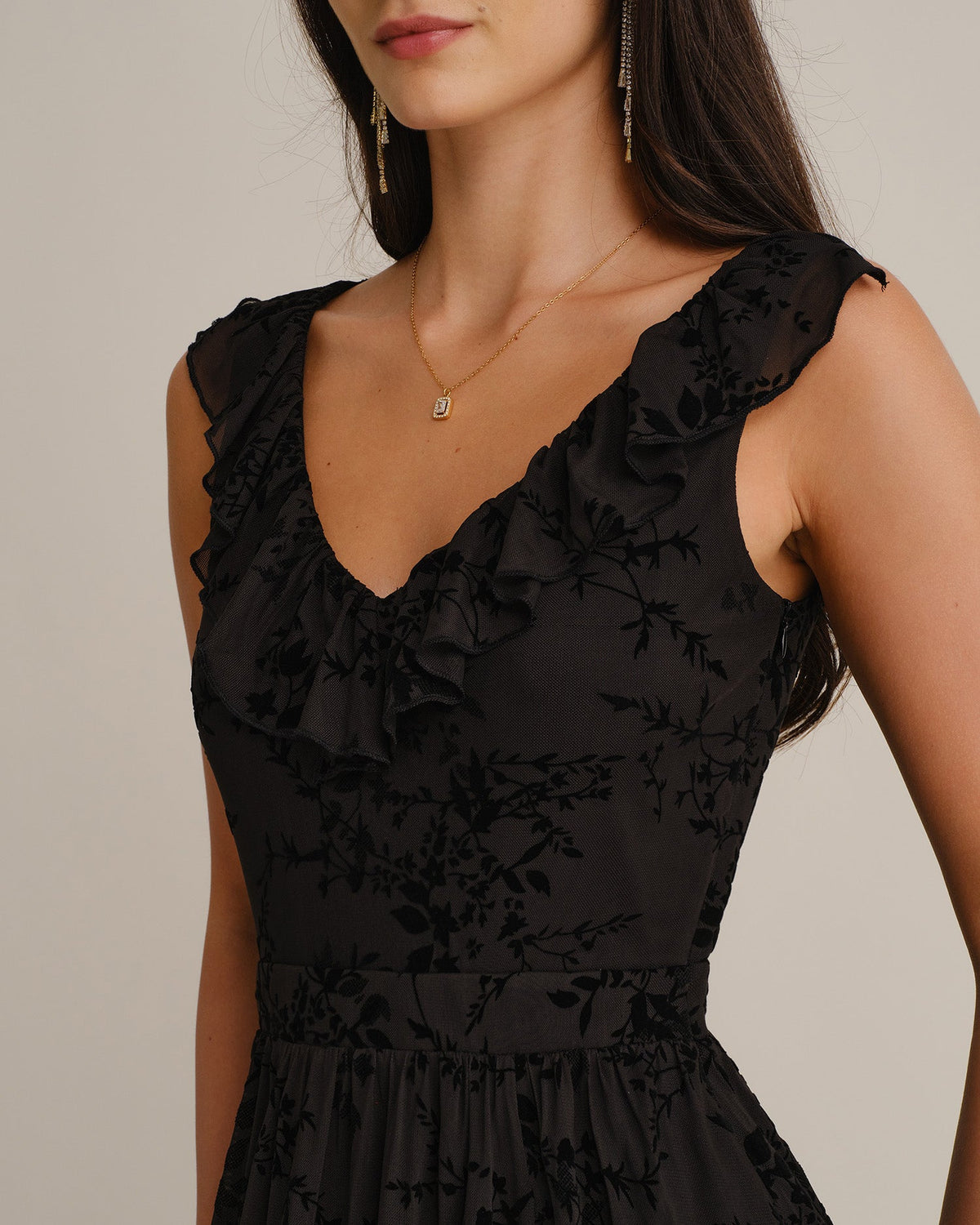 Floral Mesh Maxi Dress with V Neck and Ruffle Shoulders - Black