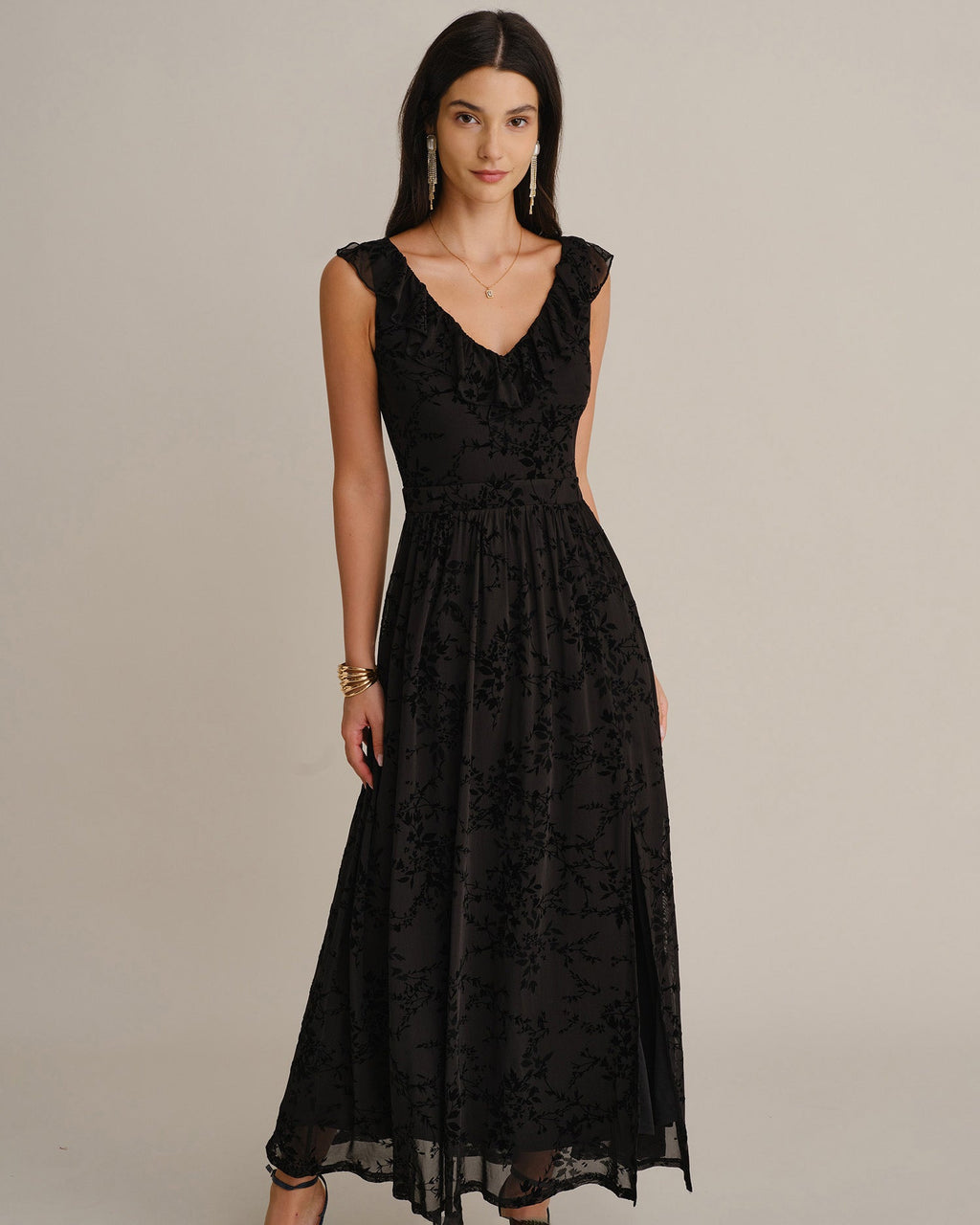 Floral Mesh Maxi Dress with V Neck and Ruffle Shoulders - Black