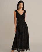 Floral Mesh Maxi Dress with V Neck and Ruffle Shoulders - Black