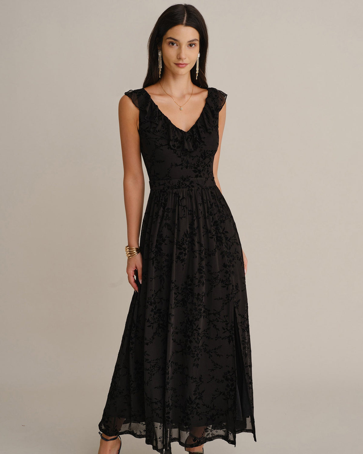 Floral Mesh Maxi Dress with V Neck and Ruffle Shoulders - Black