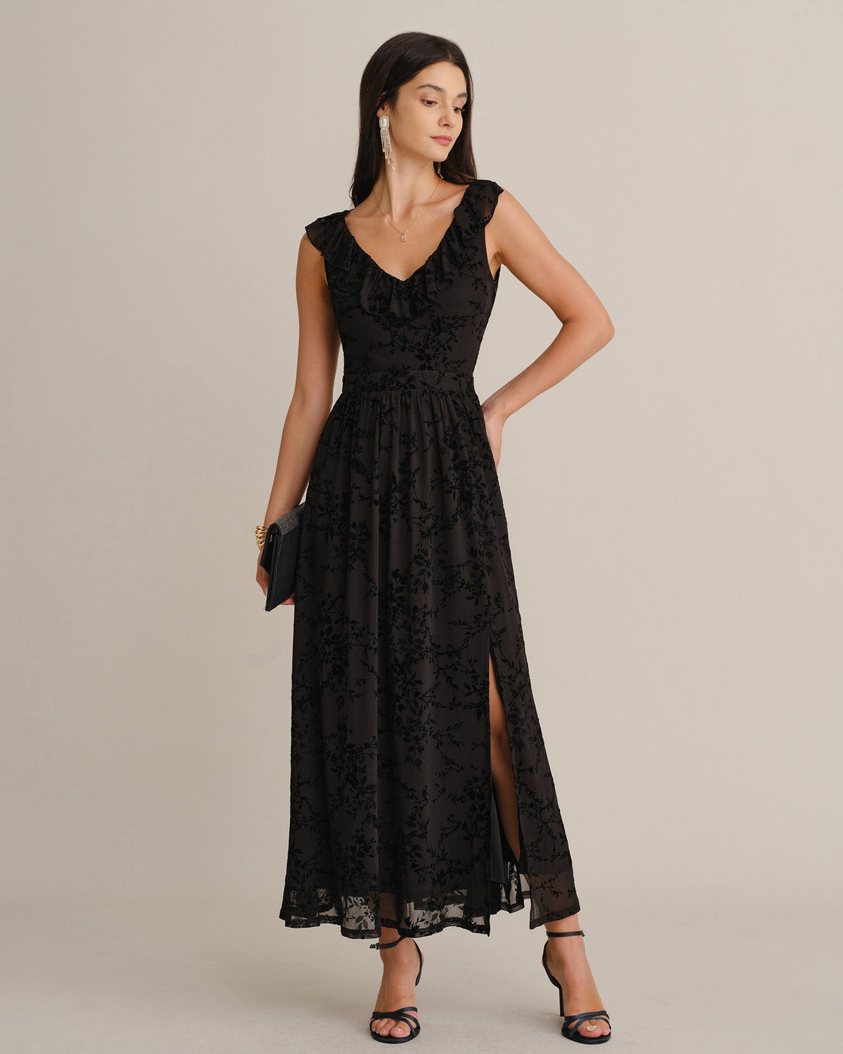 Floral Mesh Maxi Dress with V Neck and Ruffle Shoulders - Black