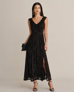 Floral Mesh Maxi Dress with V Neck and Ruffle Shoulders - Black