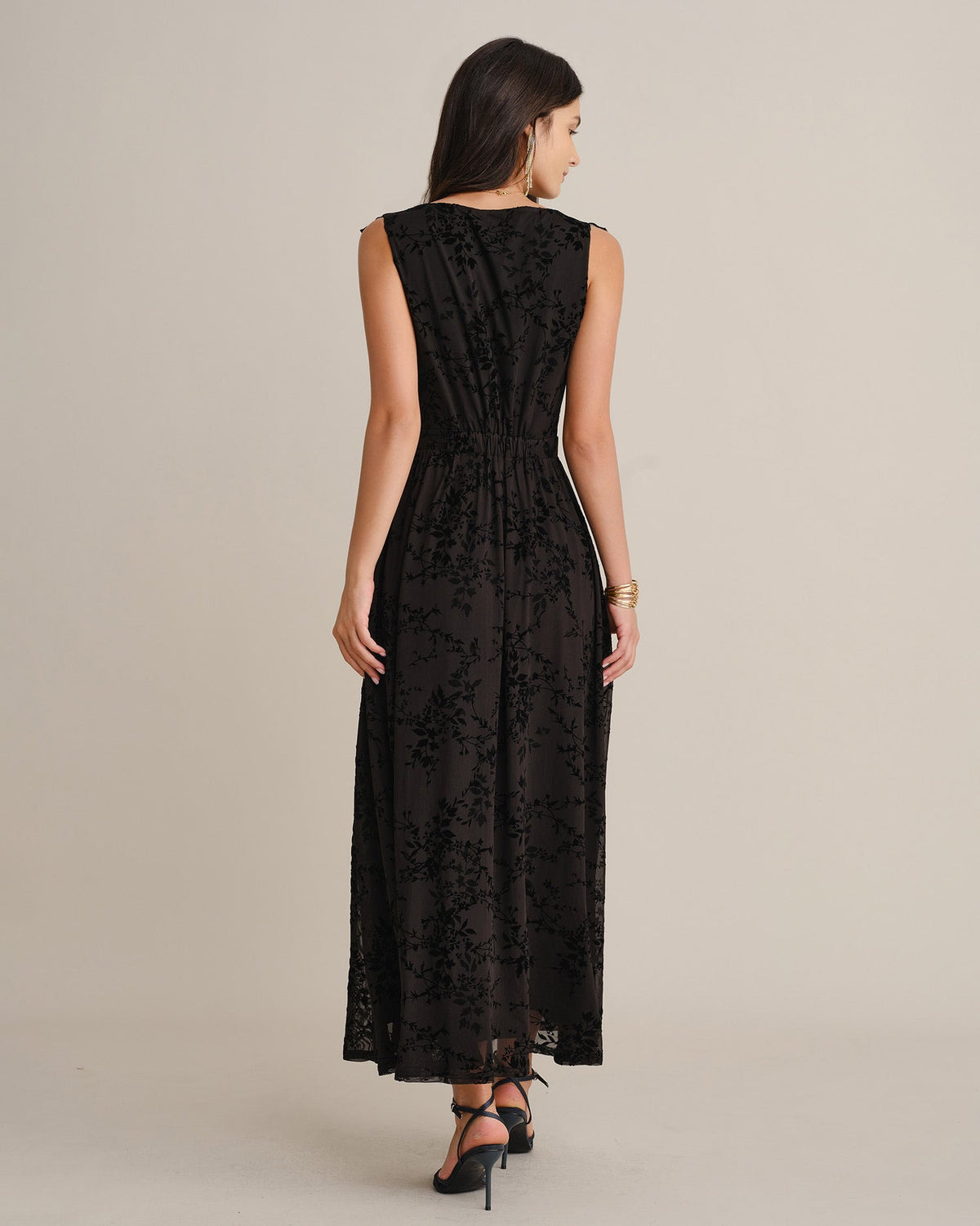 Floral Mesh Maxi Dress with V Neck and Ruffle Shoulders - Black