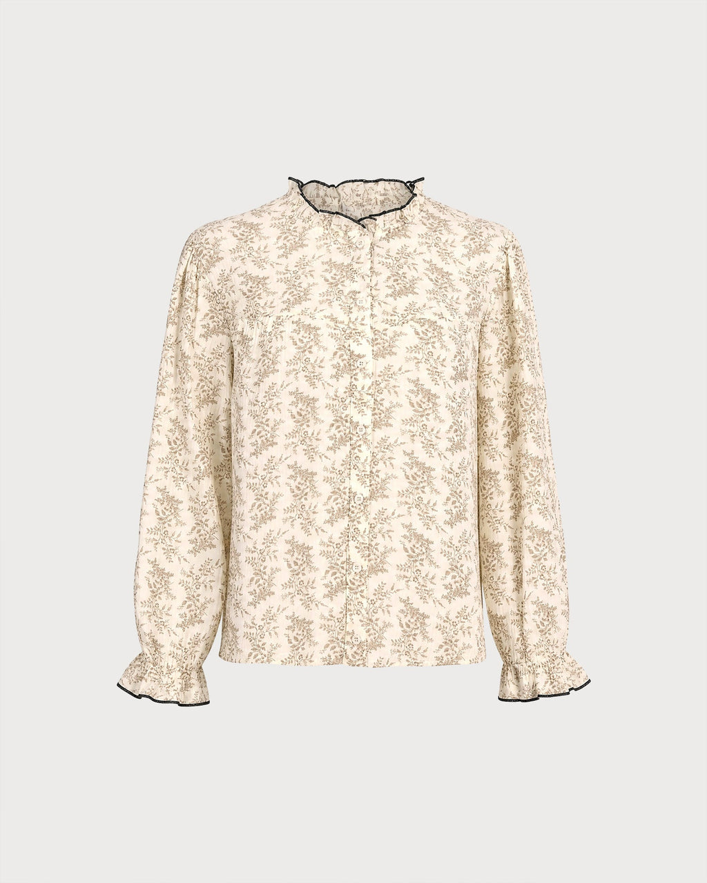 Floral Shirt with Frilled Stand Collar and Poet Sleeves - Apricot