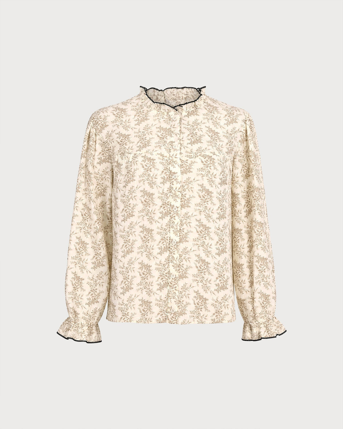 Floral Shirt with Frilled Stand Collar and Poet Sleeves - Apricot