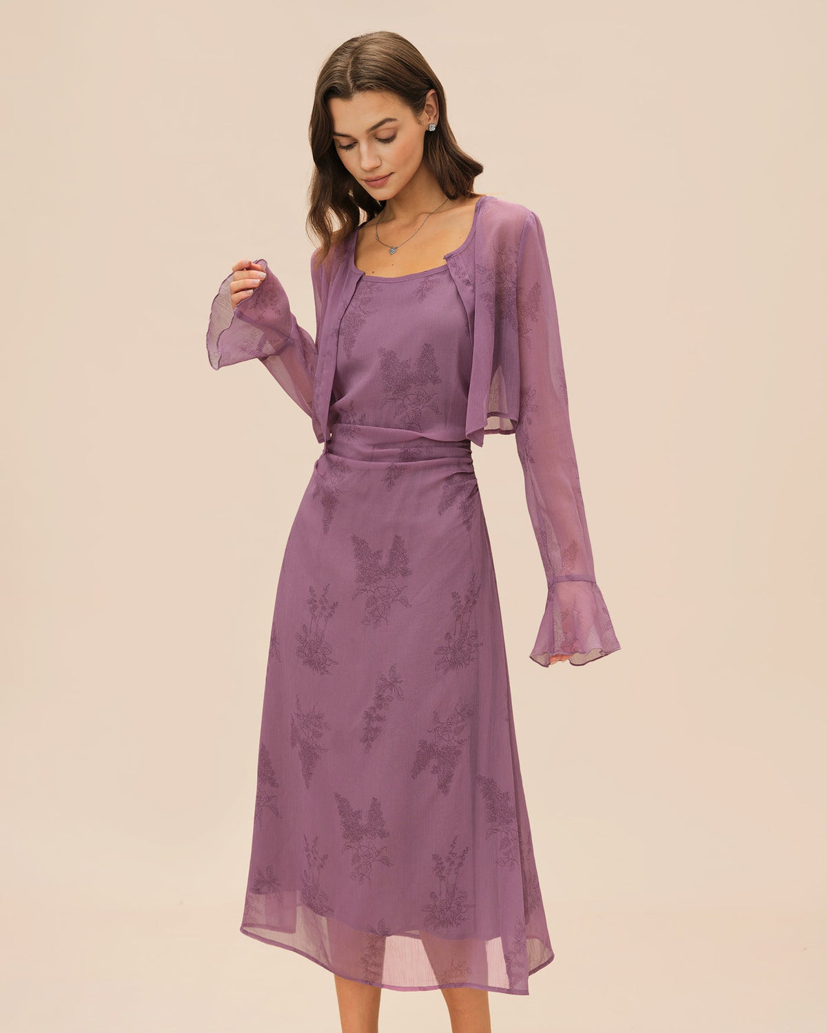 Floral Slip Dress and Sheer Cardigan Two Piece Set - Purple