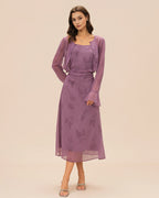 Floral Slip Dress and Sheer Cardigan Two Piece Set - Purple
