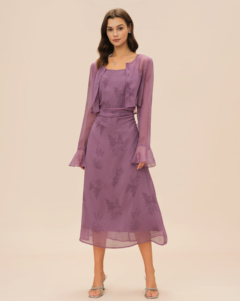 Floral Slip Dress and Sheer Cardigan Two Piece Set - Purple