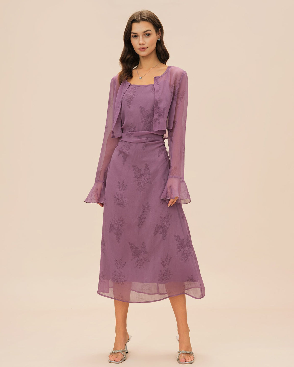 Floral Slip Dress and Sheer Cardigan Two Piece Set - Purple