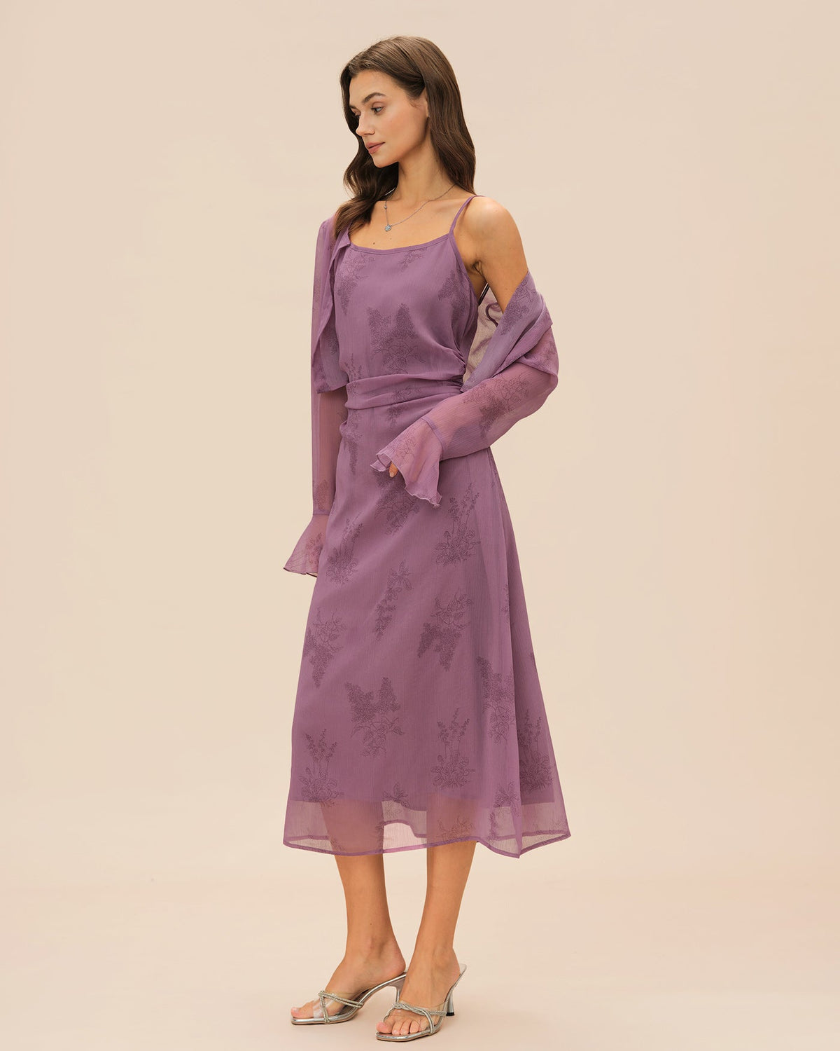 Floral Slip Dress and Sheer Cardigan Two Piece Set - Purple