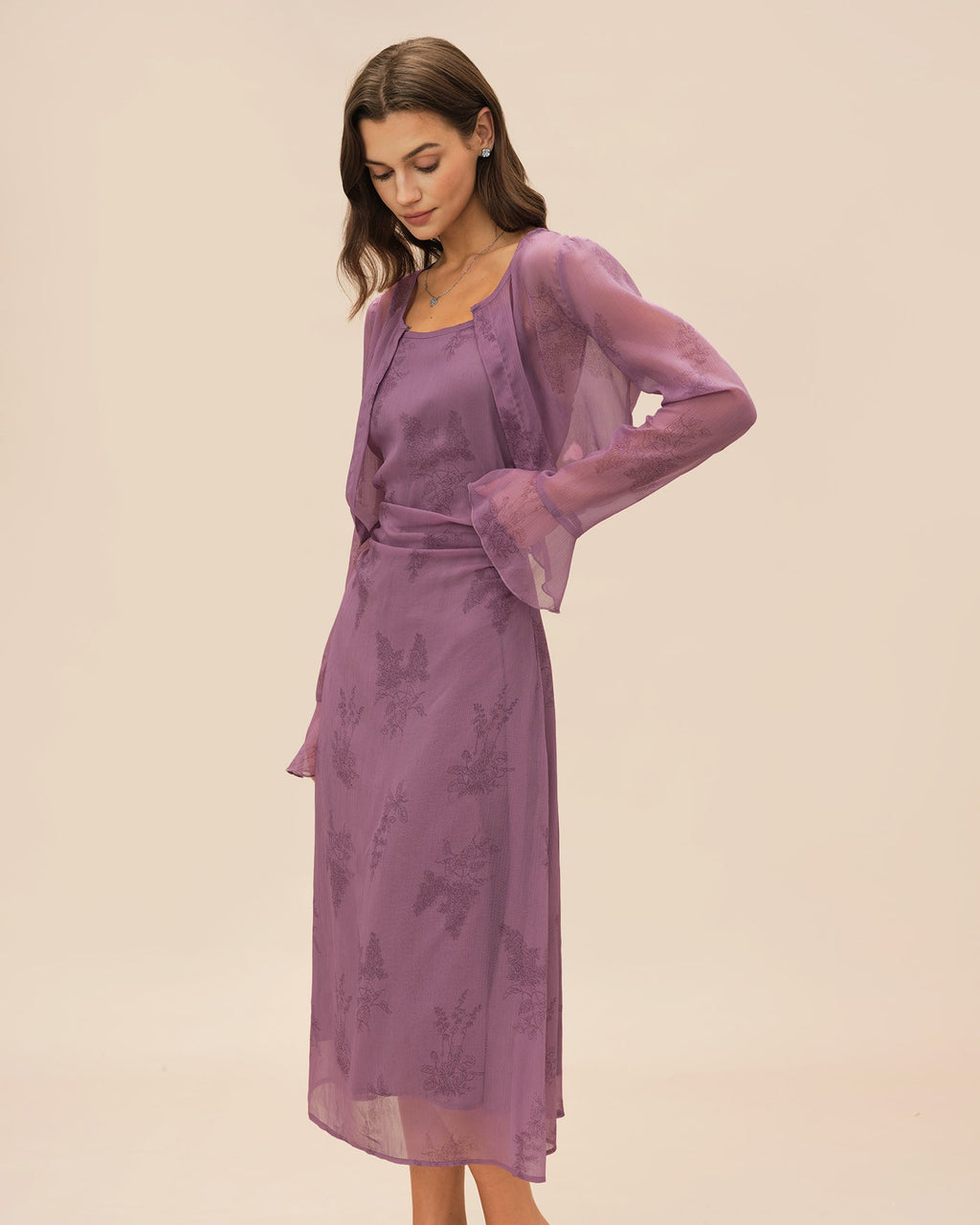 Floral Slip Dress and Sheer Cardigan Two Piece Set - Purple