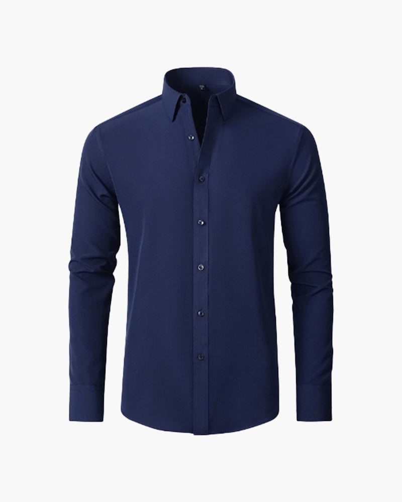 Formal Cotton Shirt with Point Collar and Tailored Fit, Long Sleeve - Navy