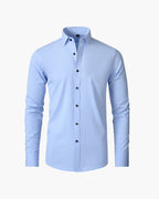 Formal Cotton Shirt with Point Collar and Tailored Fit, Long Sleeve - Blue