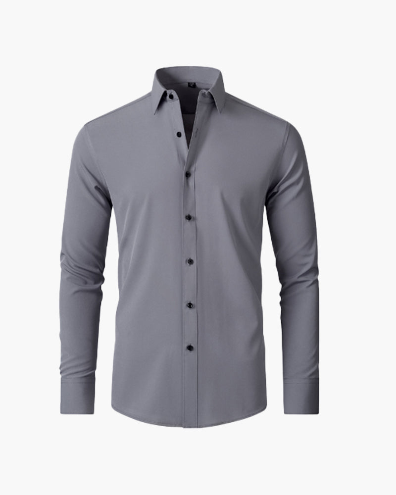 Formal Cotton Shirt with Point Collar and Tailored Fit, Long Sleeve - Grey
