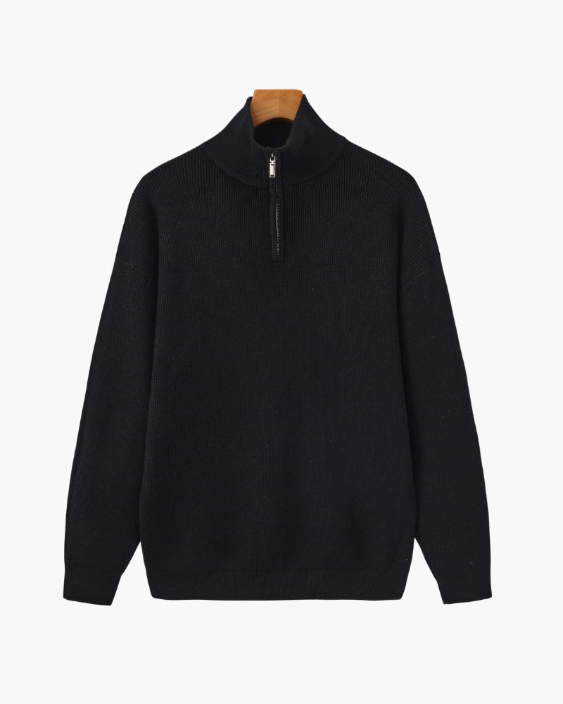 Half Zip Jumper with Stand Collar and Ribbed Trims - Black