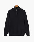 Half Zip Jumper with Stand Collar and Ribbed Trims - Black