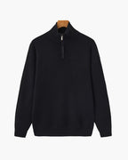 Half Zip Jumper with Stand Collar and Ribbed Trims - Black