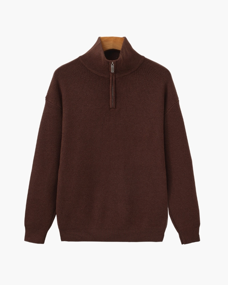 Half Zip Jumper with Stand Collar and Ribbed Trims - Burgundy