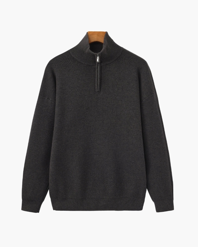 Half Zip Jumper with Stand Collar and Ribbed Trims - Dark Grey