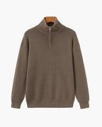 Half Zip Jumper with Stand Collar and Ribbed Trims - Brown