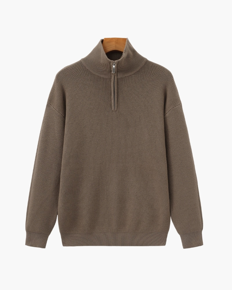 Half Zip Jumper with Stand Collar and Ribbed Trims - Brown