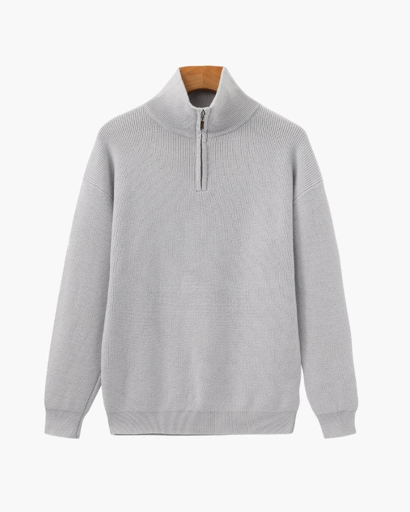 Half Zip Jumper with Stand Collar and Ribbed Trims - Grey