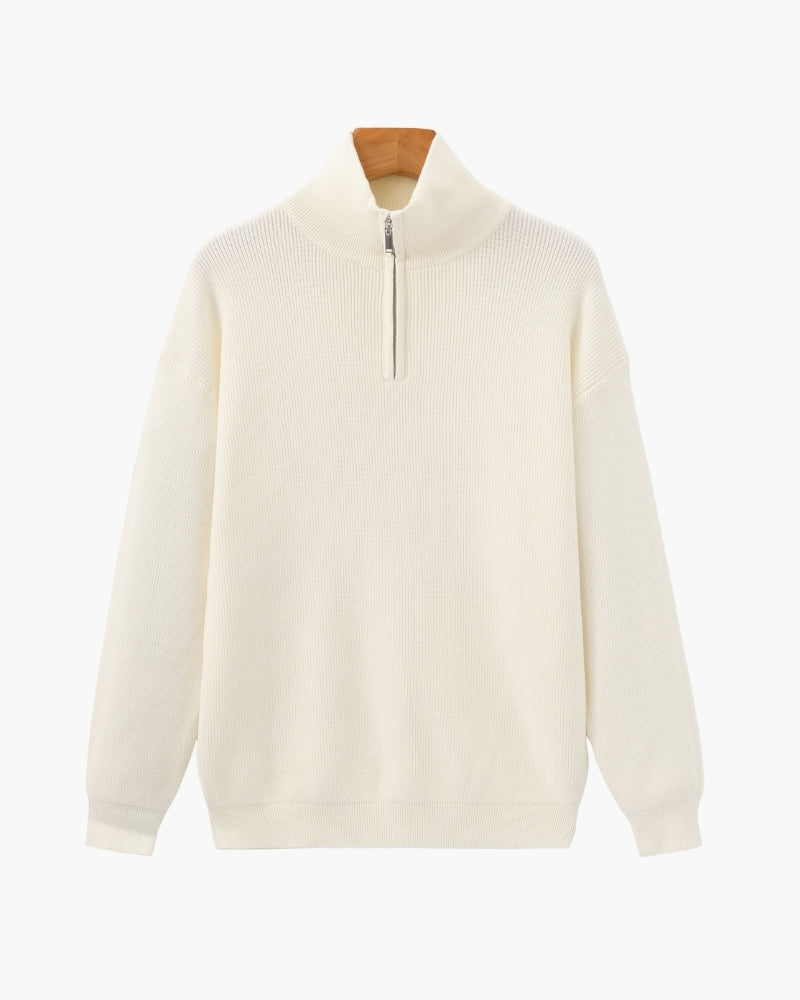 Half Zip Jumper with Stand Collar and Ribbed Trims - Ivory