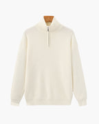 Half Zip Jumper with Stand Collar and Ribbed Trims - Ivory