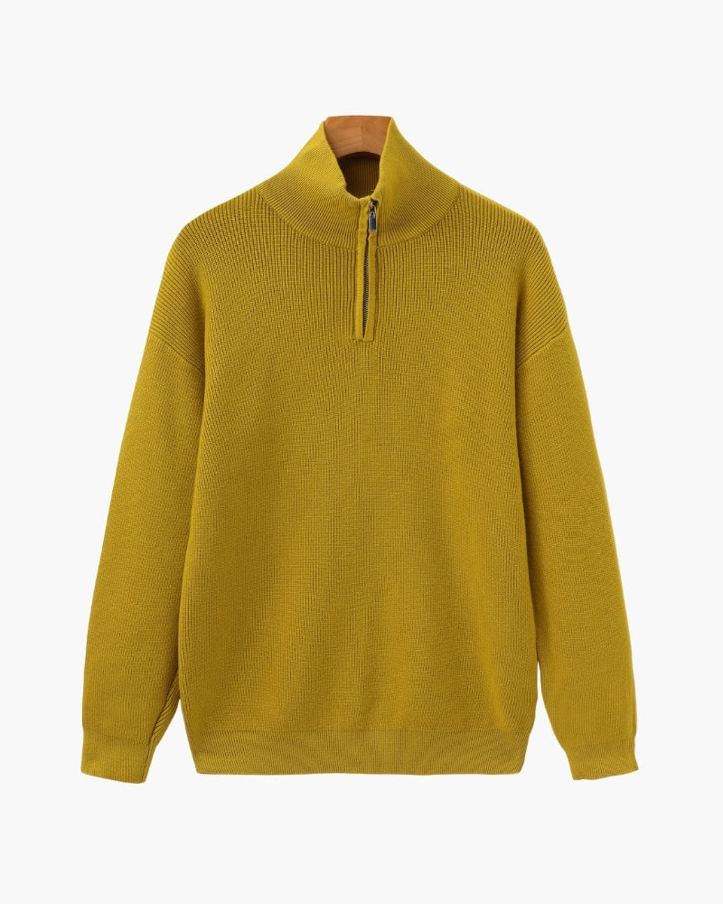 Half Zip Jumper with Stand Collar and Ribbed Trims - Yellow