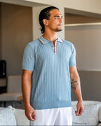 Herringbone Knit Polo Shirt with Button Placket, Short Sleeve
