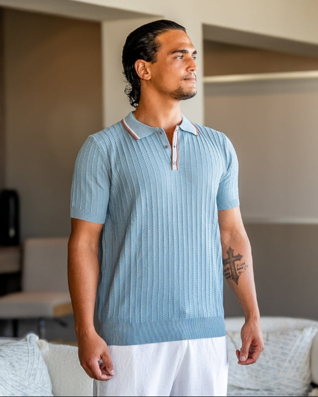 Herringbone Knit Polo Shirt with Button Placket, Short Sleeve