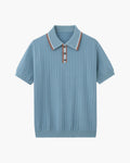 Herringbone Knit Polo Shirt with Button Placket, Short Sleeve - Blue Grey