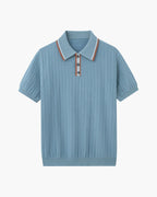 Herringbone Knit Polo Shirt with Button Placket, Short Sleeve - Blue Grey