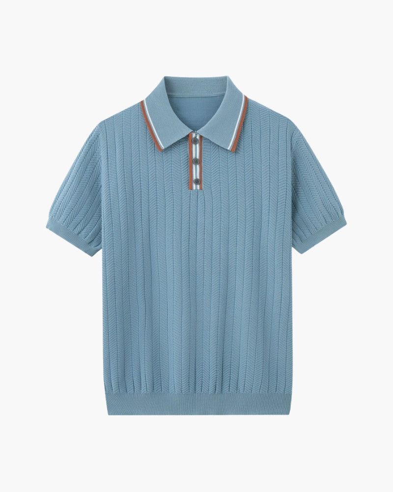 Herringbone Knit Polo Shirt with Button Placket, Short Sleeve - Blue Grey