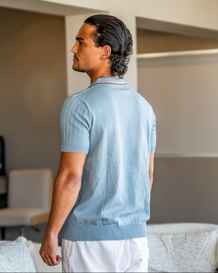 Herringbone Knit Polo Shirt with Button Placket, Short Sleeve