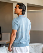 Herringbone Knit Polo Shirt with Button Placket, Short Sleeve