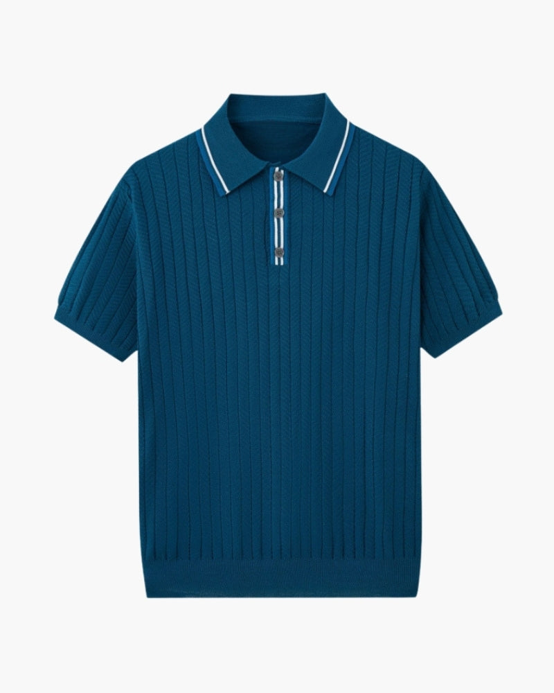 Herringbone Knit Polo Shirt with Button Placket, Short Sleeve - Blue