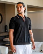 Herringbone Knit Polo Shirt with Button Placket, Short Sleeve - Black