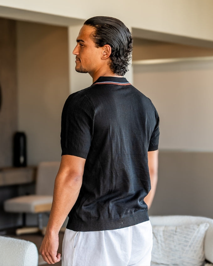 Herringbone Knit Polo Shirt with Button Placket, Short Sleeve