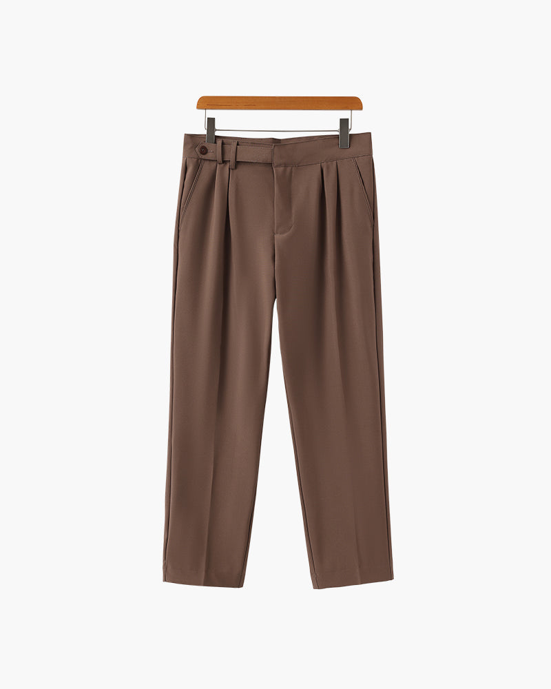 High Waist Pleated Trousers with Side Adjusters - Brown
