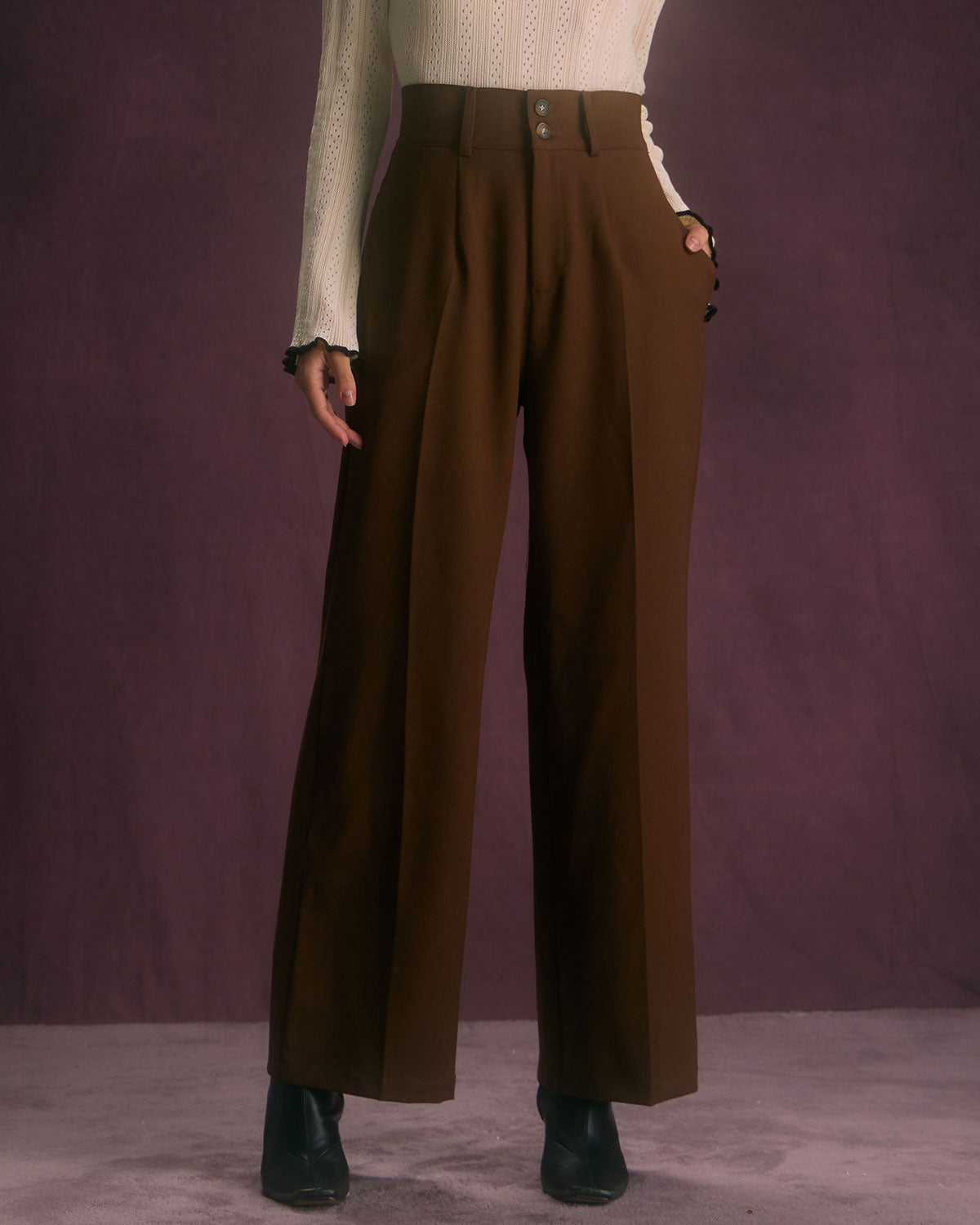 High Waisted Wide Leg Trousers with Slant Pockets - Coffee