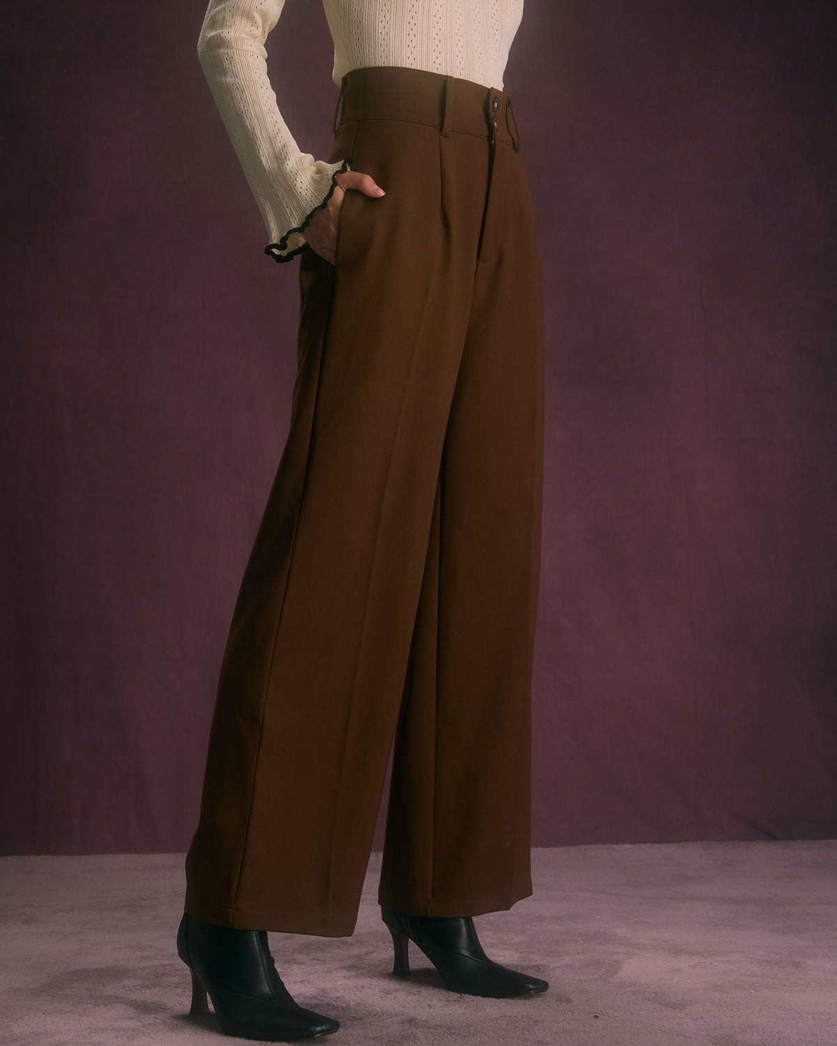 High Waisted Wide Leg Trousers with Slant Pockets - Coffee