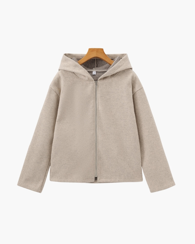 Hooded Wool Zip Coat with Relaxed Fit and Side Pockets - Beige
