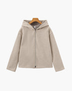 Hooded Wool Zip Coat with Relaxed Fit and Side Pockets - Beige