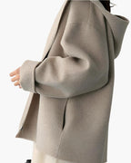 Hooded Wool Zip Coat with Relaxed Fit and Side Pockets - Beige