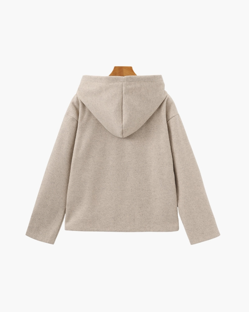 Hooded Wool Zip Coat with Relaxed Fit and Side Pockets - Beige