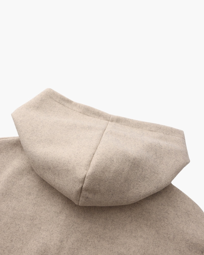 Hooded Wool Zip Coat with Relaxed Fit and Side Pockets - Beige